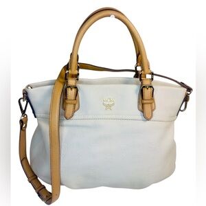 MCM Off White Pebbled Leather Satchel & Crossbody- Tan Trim - Gold Hardware